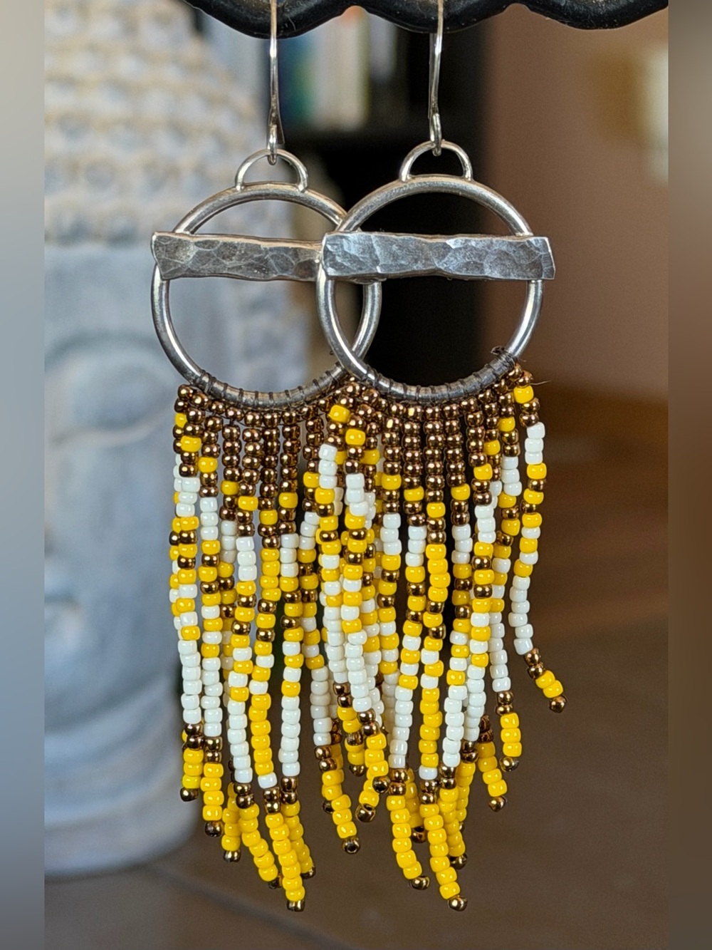 Handmade Yellow White Brown Beaded Fringe Sterling Silver Dangle Hoop Earrings